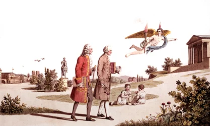 Der Geist von Voltaire und Jean Jacques Rousseau führt sie zum Tempel der Unsterblichkeit, Illustration aus An Allegory of the Works of French Philosophers